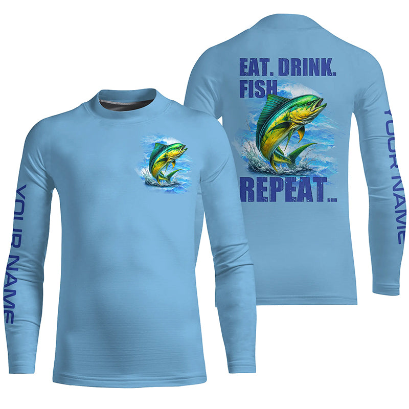 Mahi mahi (Dorado) Fishing Custom Long Sleeve Fishing shirts for kid Eat Drink Fish Repeat | Blue NQS6610