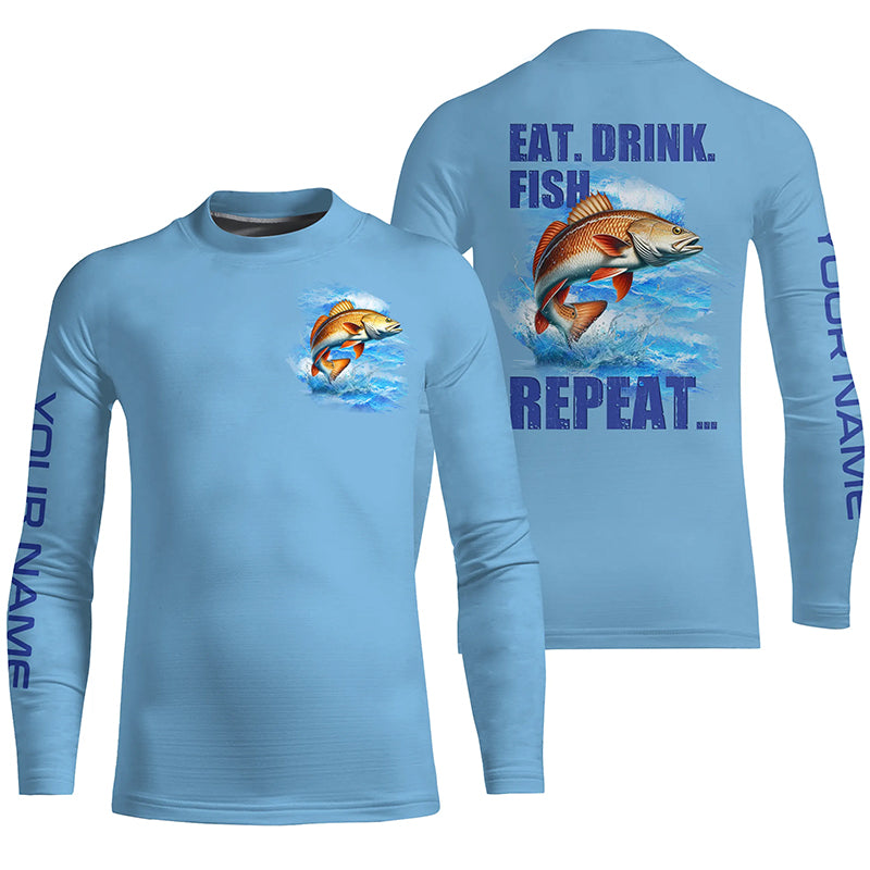 Redfish puppy drum Fishing Custom Long Sleeve Fishing shirts for Kid Eat Drink Fish Repeat | Blue NQS6612