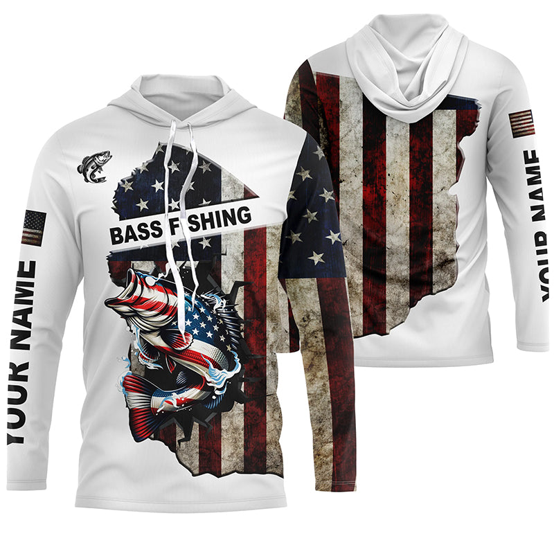 American flag largemouth Bass patriotic fishing Custom name long sleeves fishing shirt for men NPQ6