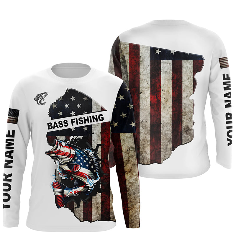 American flag largemouth Bass patriotic fishing Custom name long sleeves fishing shirt for men NPQ6