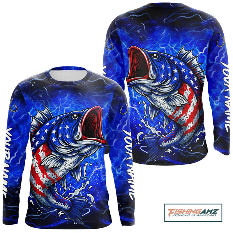 Blue American Flag Largemouth Bass Fishing shirts long sleeve Custom patriotic fishing apparel NQS11060
