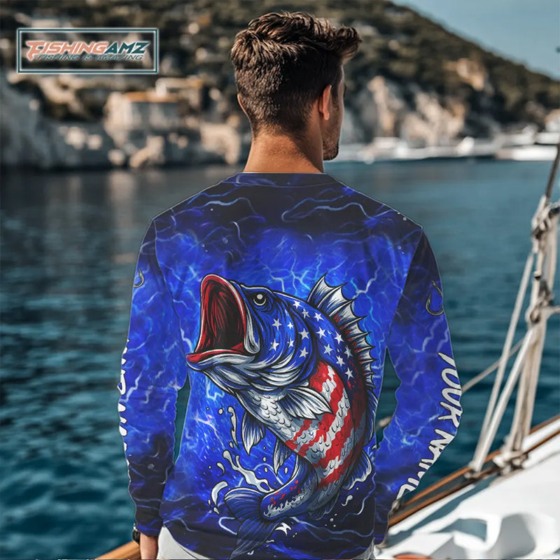 Blue American Flag Largemouth Bass Fishing shirts long sleeve Custom patriotic fishing apparel NQS11060