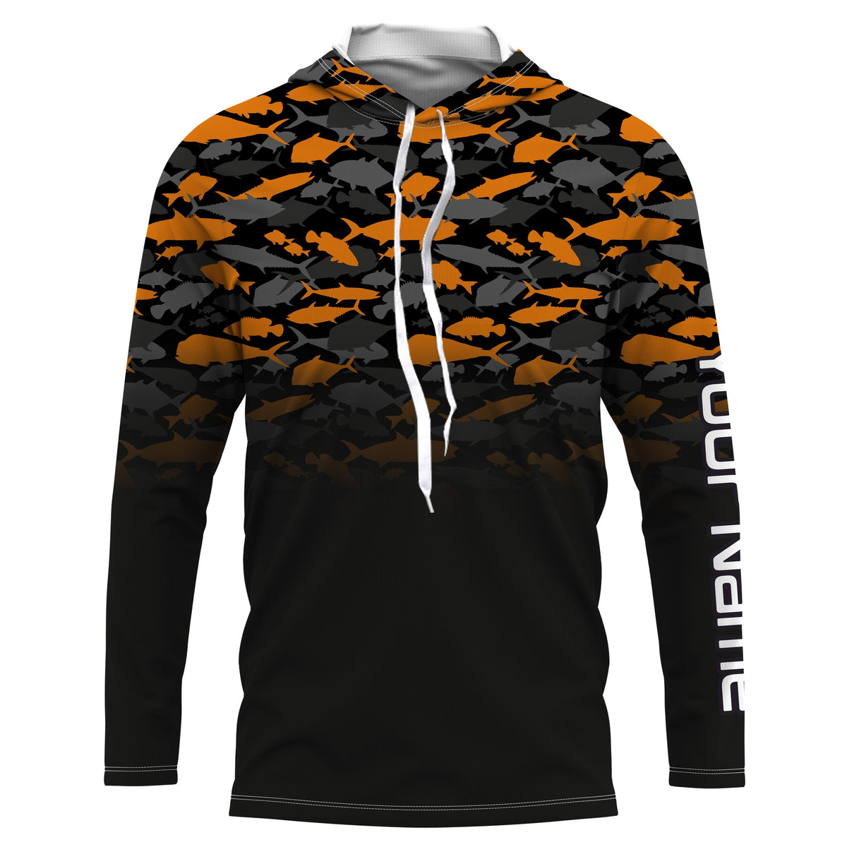 Fishing black orange camouflage UV long sleeve, hooded camo shirts Custom fishing apparel NQS2514