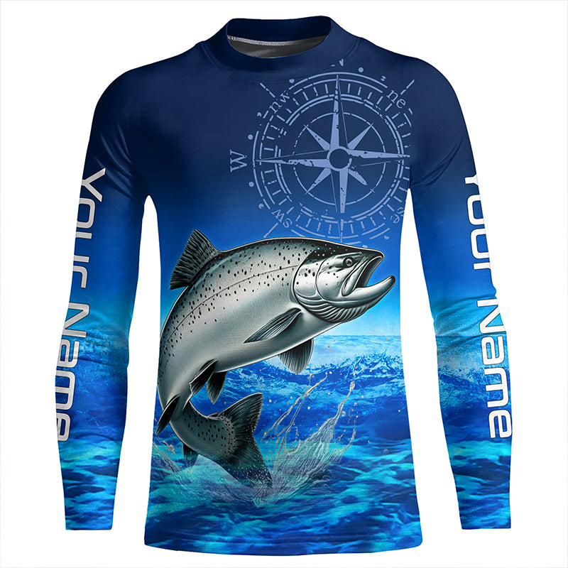 Personalized Chinook salmon Blue Kid Long Sleeve Performance Fishing Shirts, compass tournament Shirts NQS5986