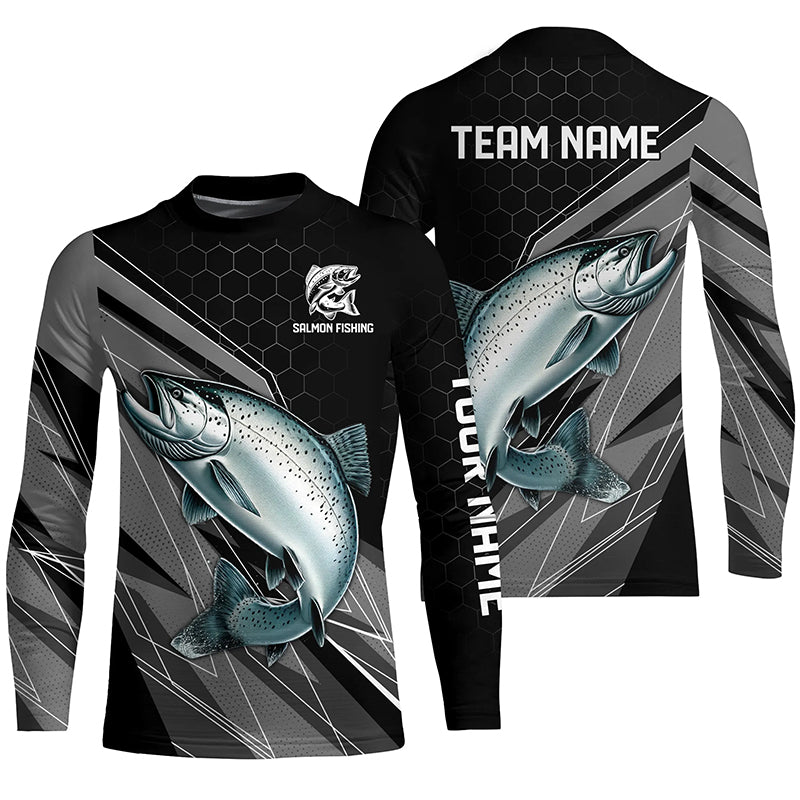 Personalized Black camo Chinook Salmon Fishing Jerseys, Salmon Kid Long Sleeve Fishing Shirts NQS8771