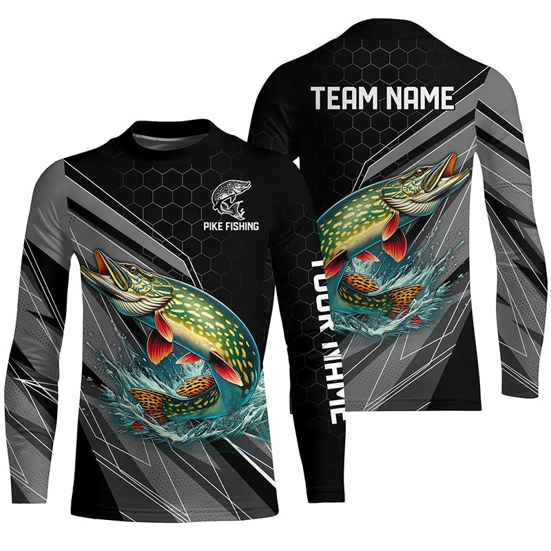 Personalized Black camo Northern Pike Fishing Jerseys, Pike Kid Long Sleeve Fishing Shirts NQS8772
