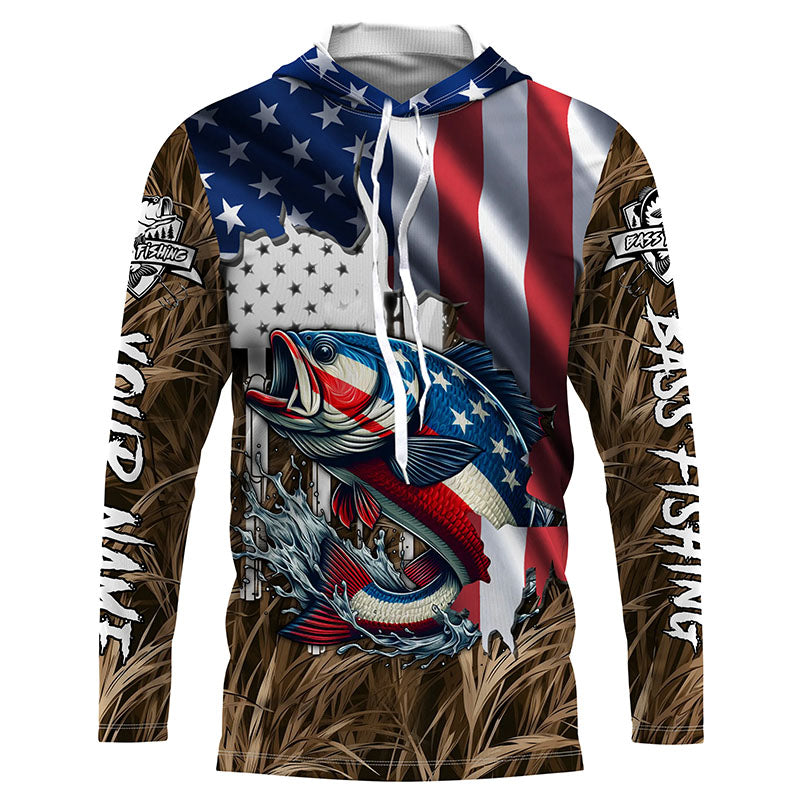 American flag patriotic Bass camo fishing Customize UV protection long sleeves fishing shirt for men NPQ53