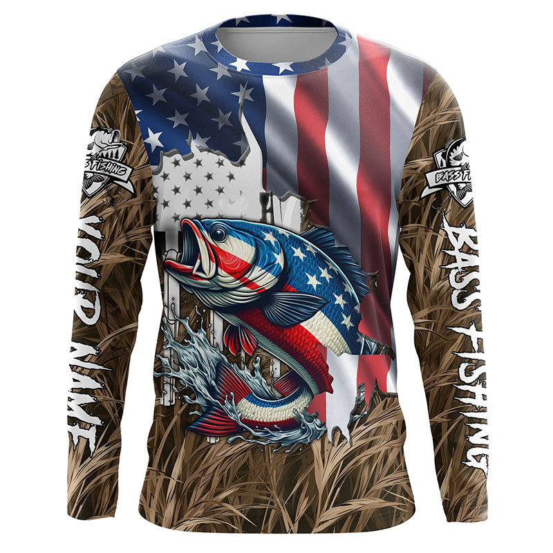 American flag patriotic Bass camo fishing Customize UV protection long sleeves fishing shirt for men NPQ53