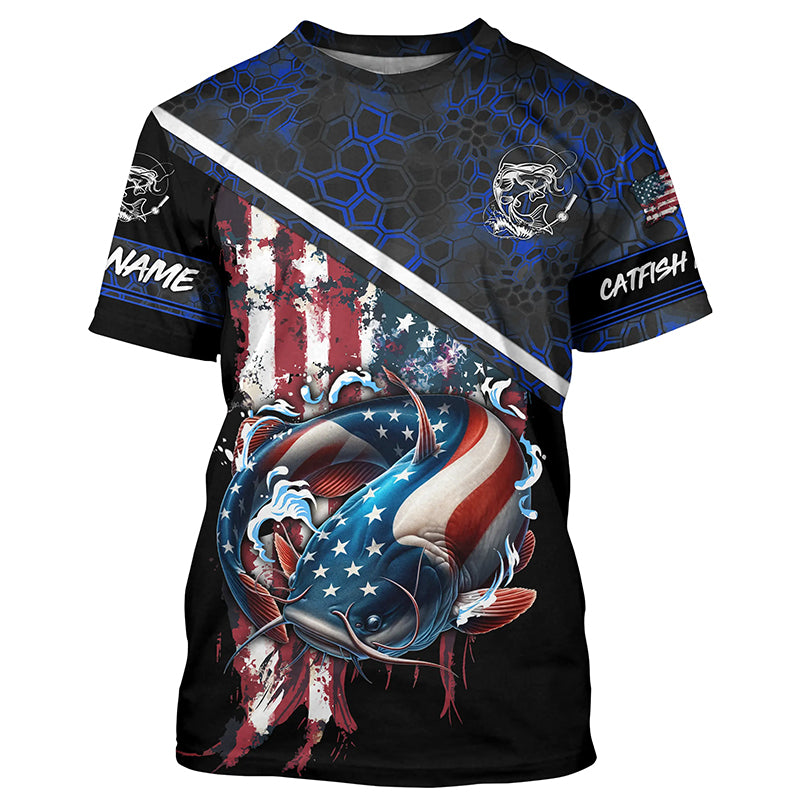 American Flag catfish fishing blue camo Custom name fishing jerseys | Tshirt - NPQ842
