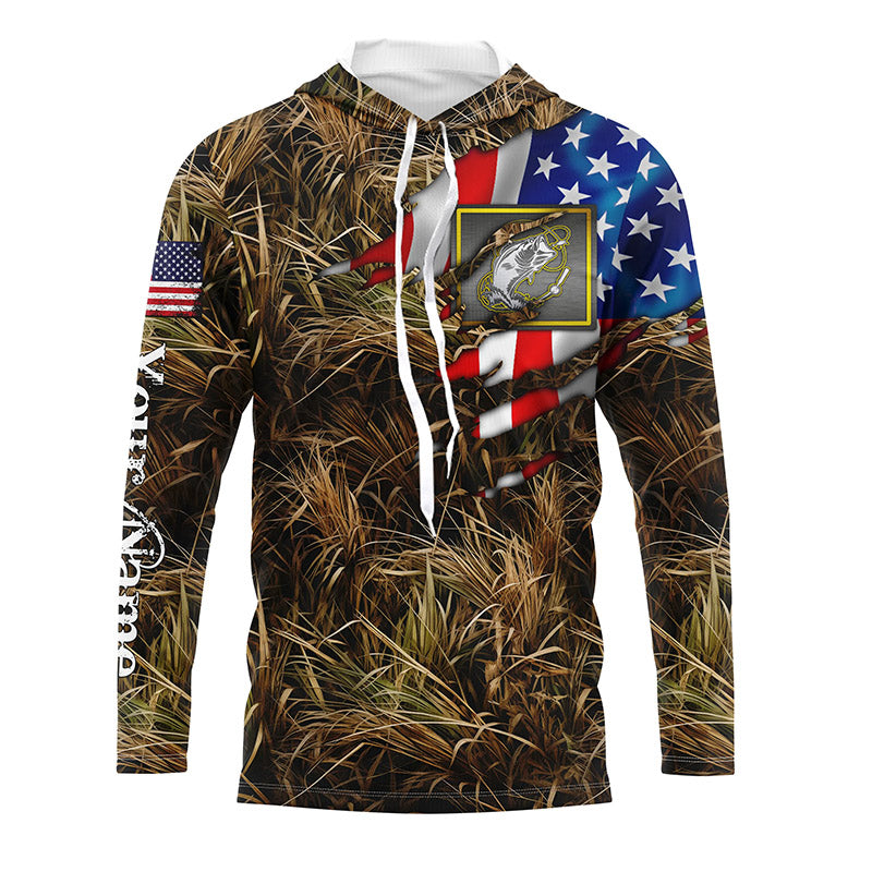 Bass fishing camo American flag patriotic Customize Name UV protection long sleeves fishing shirt NPQ91