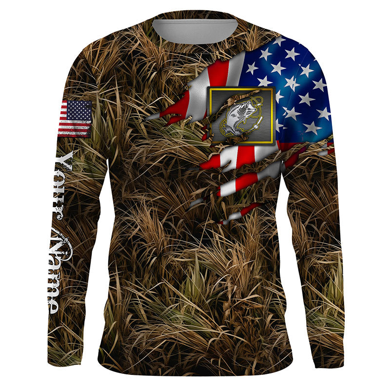 Bass fishing camo American flag patriotic Customize Name UV protection long sleeves fishing shirt NPQ91