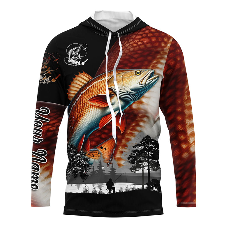 Redfish Red drum fishing scales Custom name Long sleeve fishing shirts, Long Sleeve Hooded NPQ859