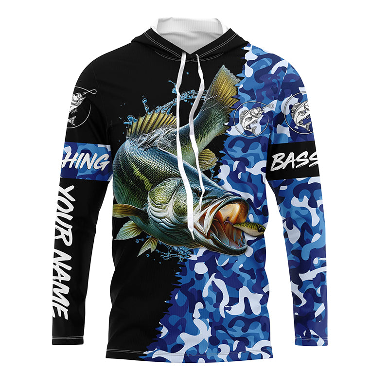 Custom blue camo Largemouth Bass Fishing Jerseys, personalized bass fishing tournament Long sleeve NPQ312