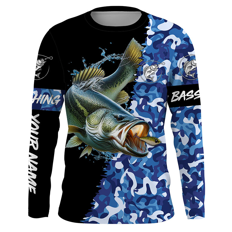 Custom blue camo Largemouth Bass Fishing Jerseys, personalized bass fishing tournament Long sleeve NPQ312