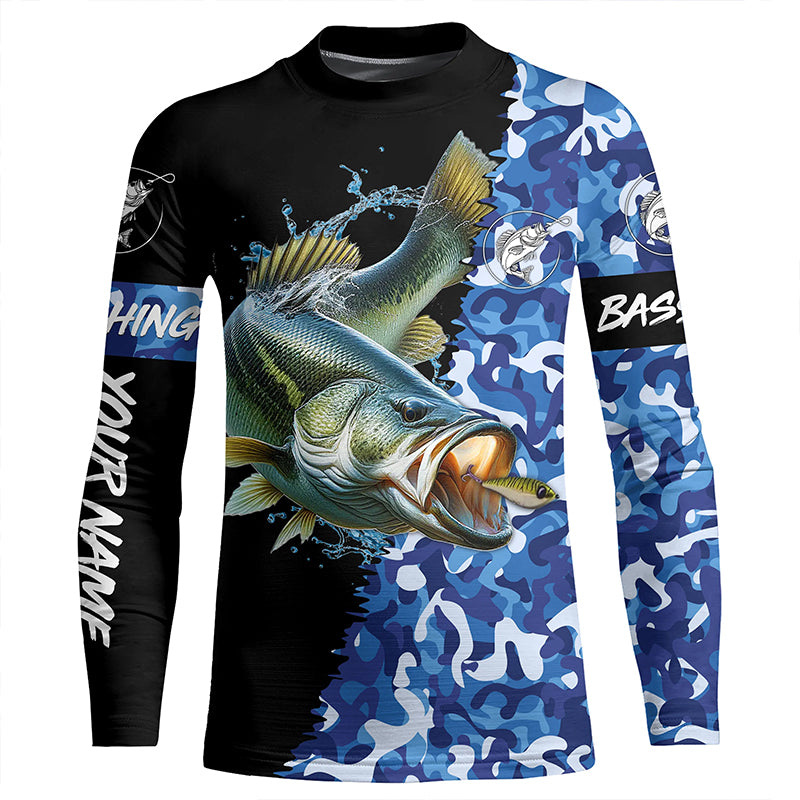 Custom blue camo Largemouth Bass Fishing Jerseys, personalized bass fishing tournament Kid Long Sleeve NPQ312