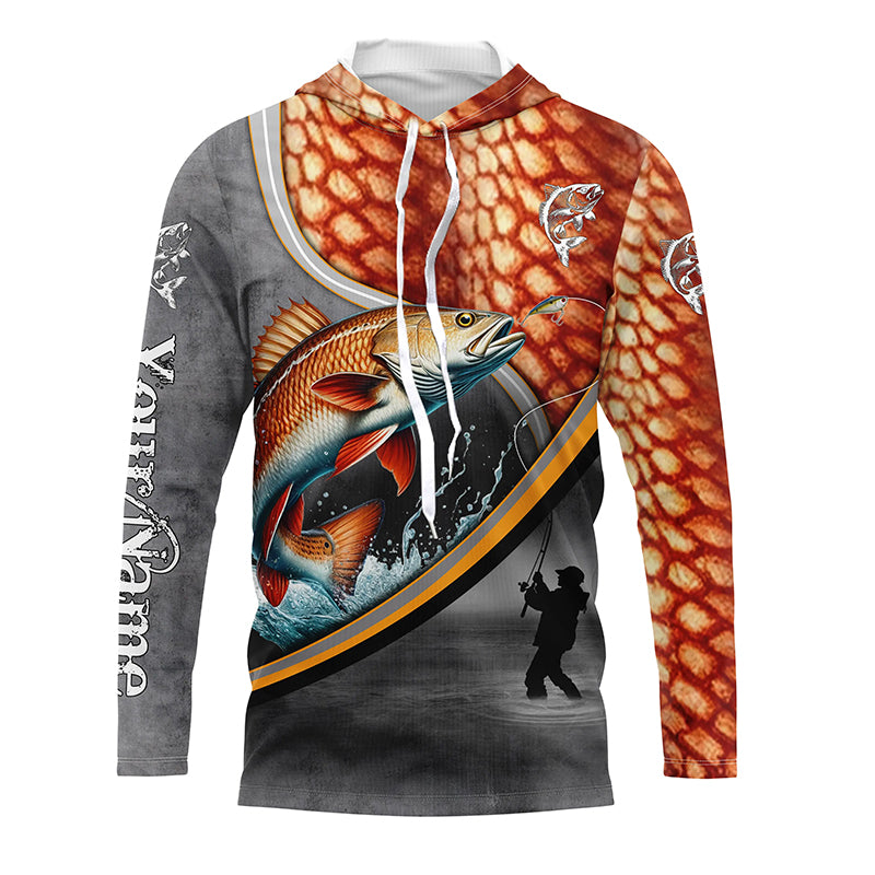 Redfish red drum fishing scales personalized fishing shirts, custom Long sleeve, Long Sleeve Hooded NPQ686