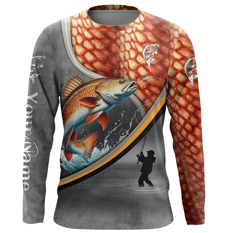 Redfish red drum fishing scales personalized fishing shirts, custom Long sleeve, Long Sleeve Hooded NPQ686