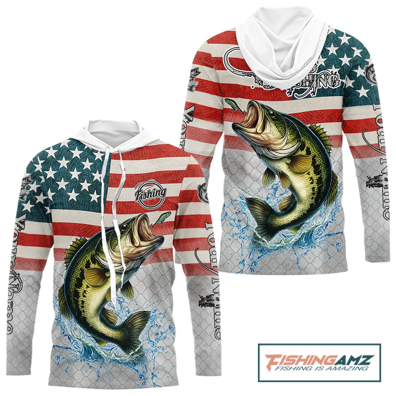 Custom Name American Flag Largemouth Bass Long Sleeve Fishing Shirt, patriotic Bass Fishing jersey NQS10981