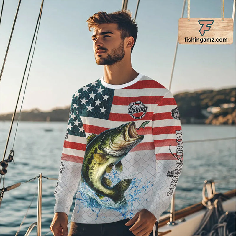 Custom Name American Flag Largemouth Bass Long Sleeve Fishing Shirt, patriotic Bass Fishing jersey NQS10981