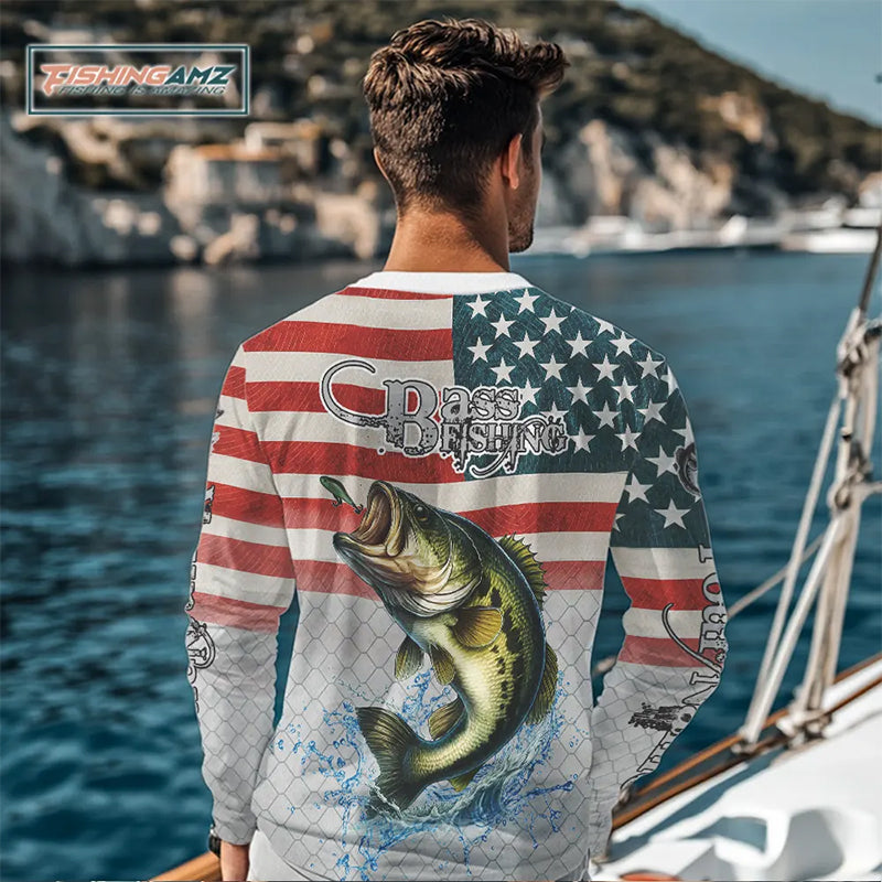 Custom Name American Flag Largemouth Bass Long Sleeve Fishing Shirt, patriotic Bass Fishing jersey NQS10981