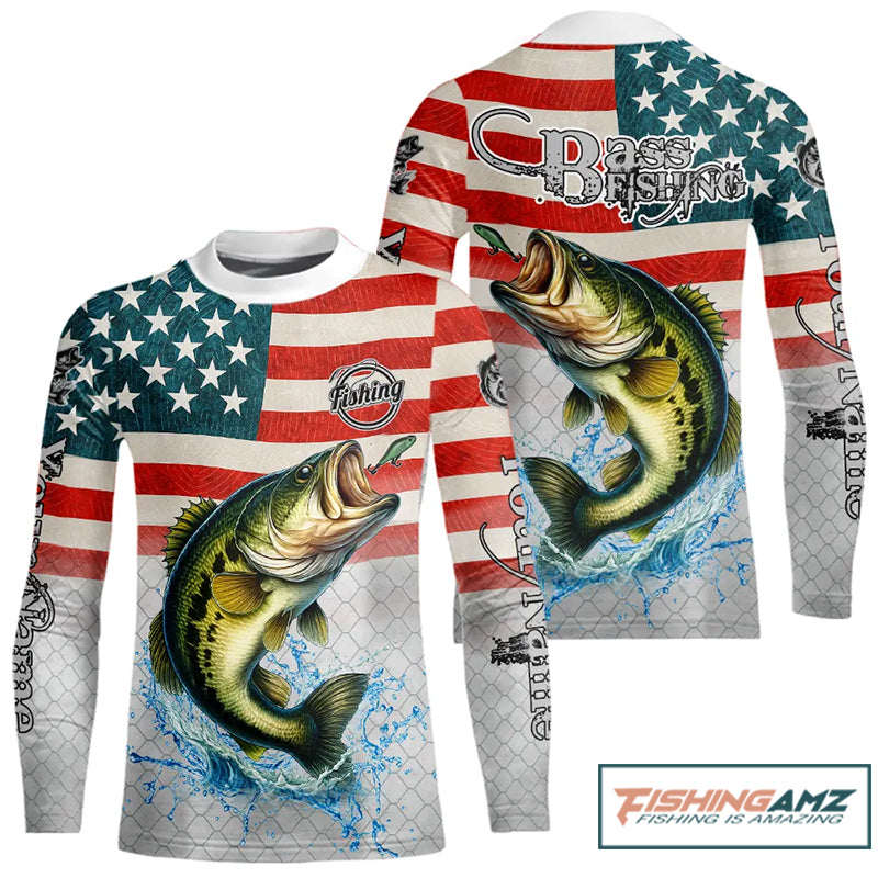 Custom American Flag Largemouth Bass Kid Long Sleeve Fishing Shirts, patriotic Bass Fishing jersey NQS10981
