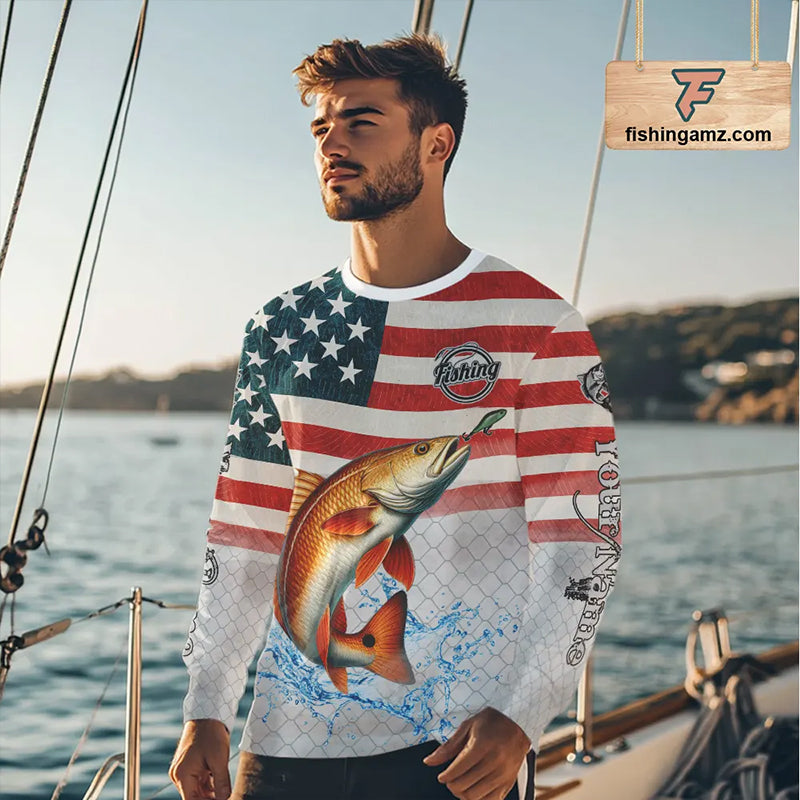 Custom Name American Flag Redfish Long Sleeve Fishing Shirt, patriotic Red Drum Fishing jersey NQS10982