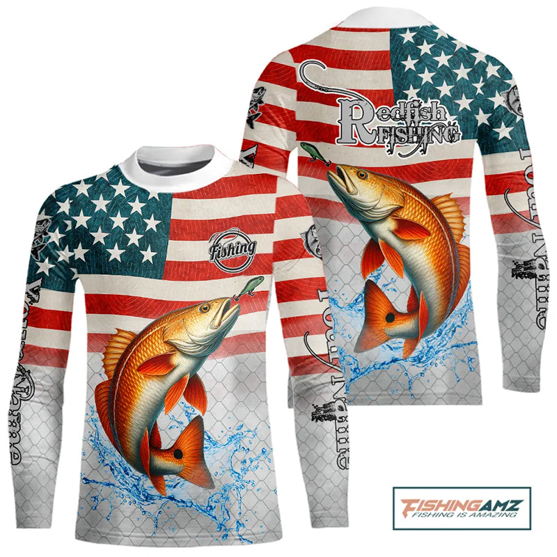 Custom American Flag Redfish Kid Long Sleeve Fishing Shirts, patriotic Red Drum Fishing jersey NQS10982