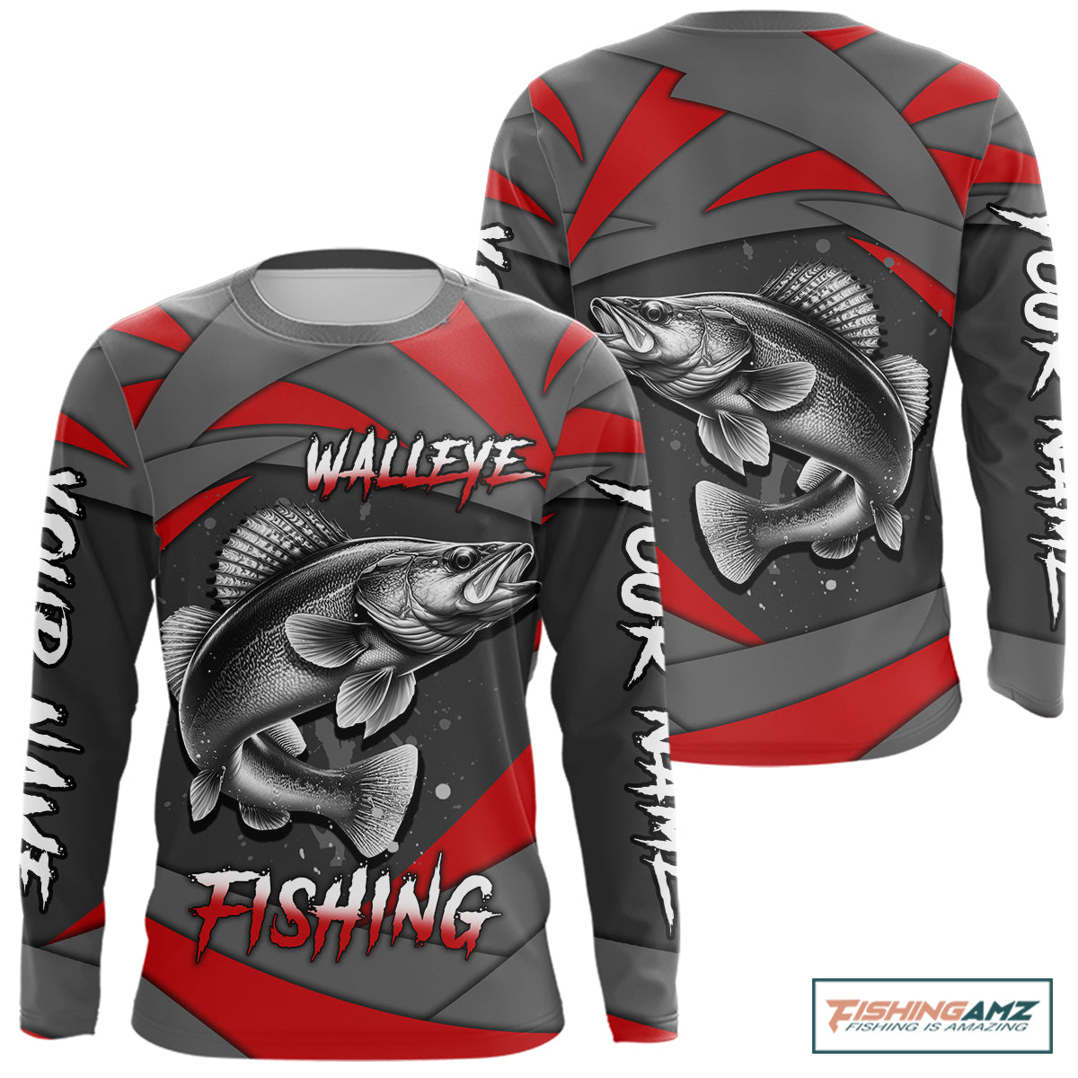 Gray and Red Walleye Fishing Jersey Custom Walleye Fishing Long Sleeve Shirt, fishing gifts NQS10899