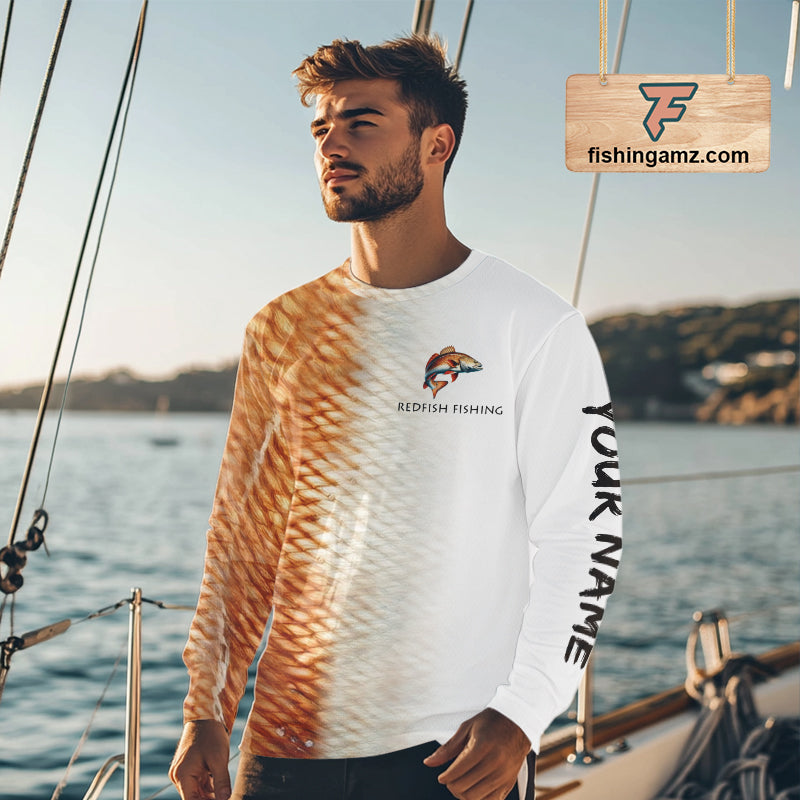 Personalized Red Scales Performance Redfish Long Sleeve Fishing Shirts, Redfish fishing jerseys NQS10239