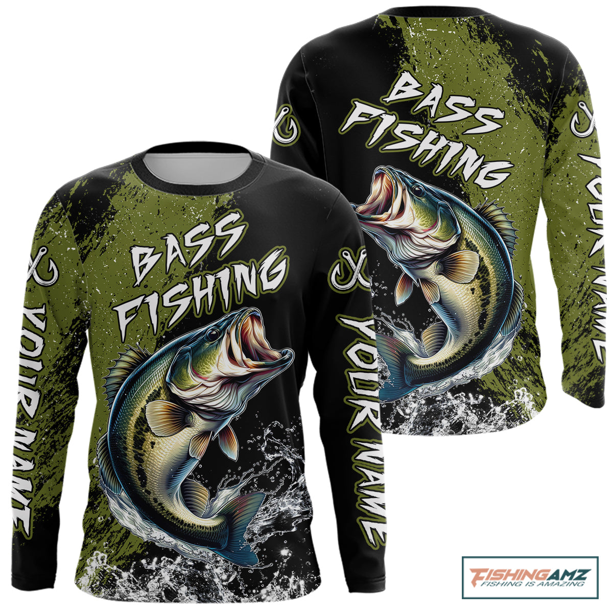 Black and Green Largemouth Bass Long sleeve Fishing Jerseys Custom Bass performance fishing apparel NQS11068