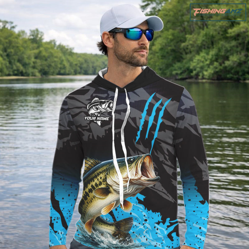 Hooded Largemouth Bass Fishing Jerseys For Men, Custom Bass Performance Fishing Apparel