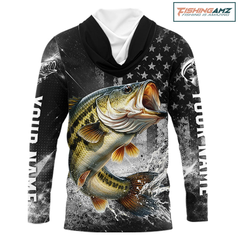 Gray Bass Custom Long Sleeve Fishing Shirts, Hooded American Flag Patriotic Bass Fishing Shirt NHT514