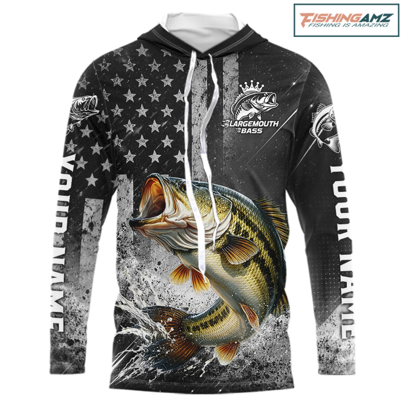 Gray Bass Custom Long Sleeve Fishing Shirts, Hooded American Flag Patriotic Bass Fishing Shirt NHT514