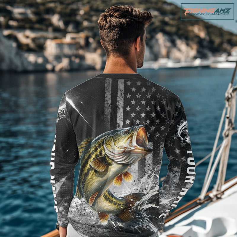 Gray Bass Custom Long Sleeve Fishing Shirts, American Flag Patriotic Bass Fishing Shirt NHT514