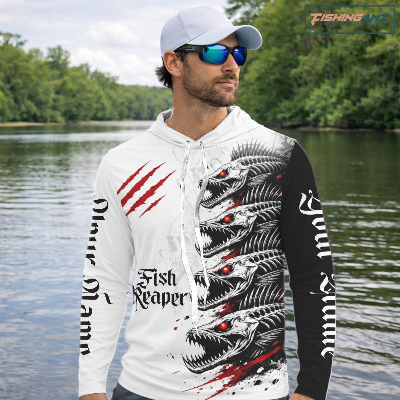 Personalized fish skeleton hooded fishing shirt, fish reaper skull fishing jersey