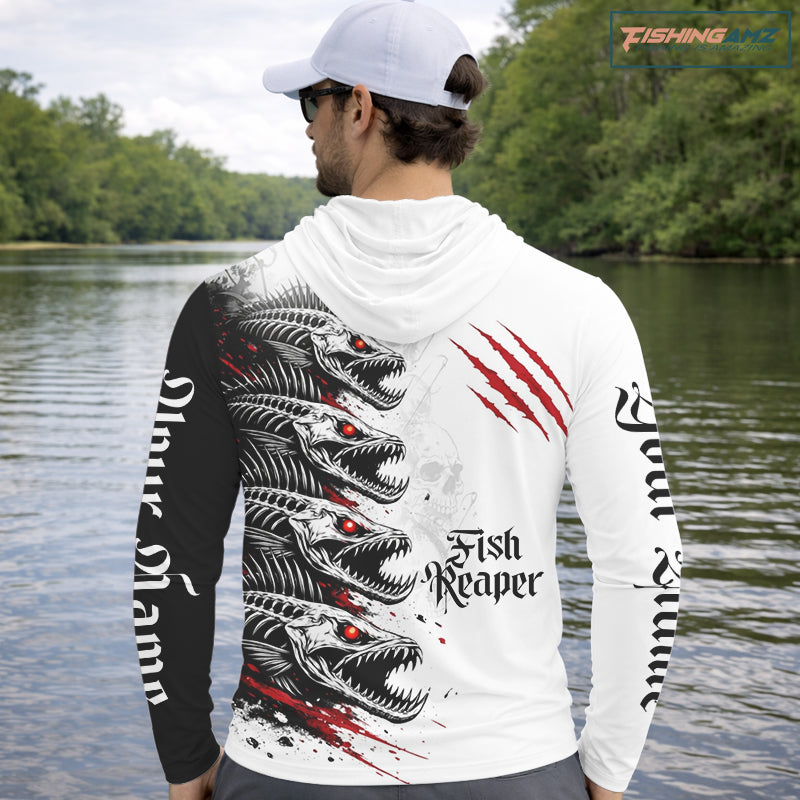 Personalized Fishing Fish Skeleton Fishing Shirts Hooded Jerseys, Fish Reaper Skull Fishing Shirts NHT516