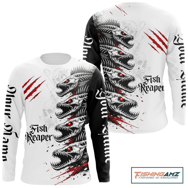 Personalized fish skeleton fishing shirt, fish reaper skull fishing jersey