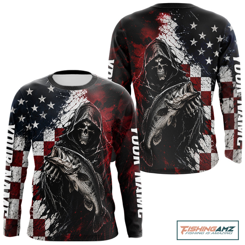 Grim Reaper Largemouth Bass Jersey – American Flag Patriotic Fisherman Long Sleeve Fishing Shirt