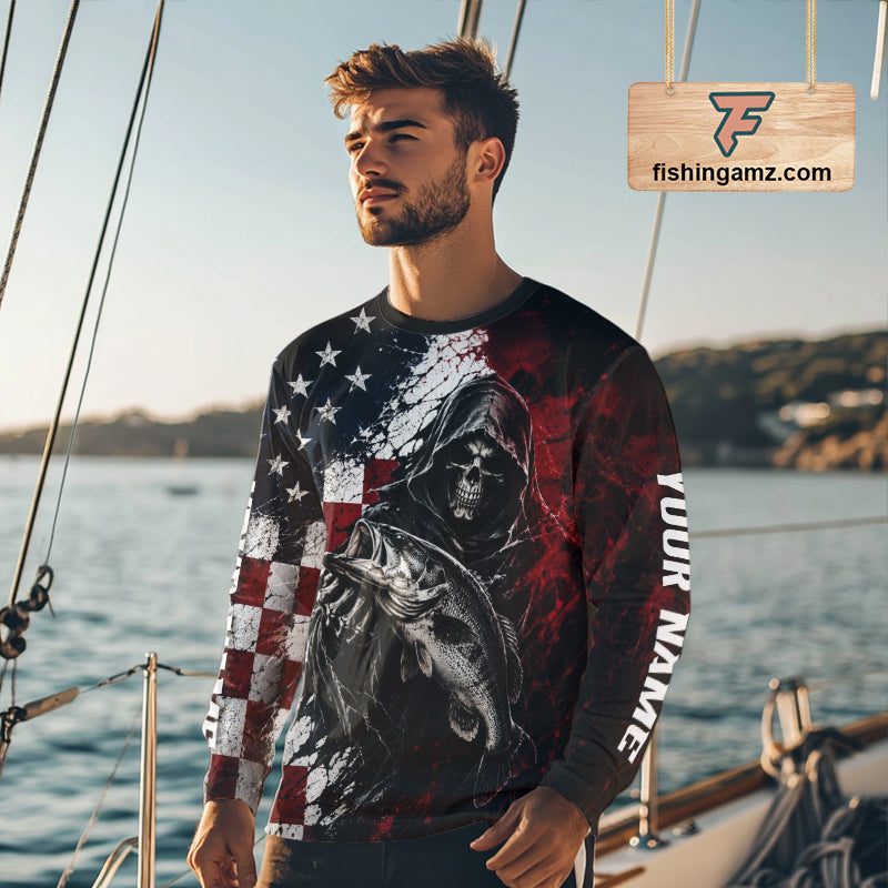 Grim Reaper Largemouth Bass Jersey – American Flag Patriotic Fisherman Long Sleeve Fishing Shirt