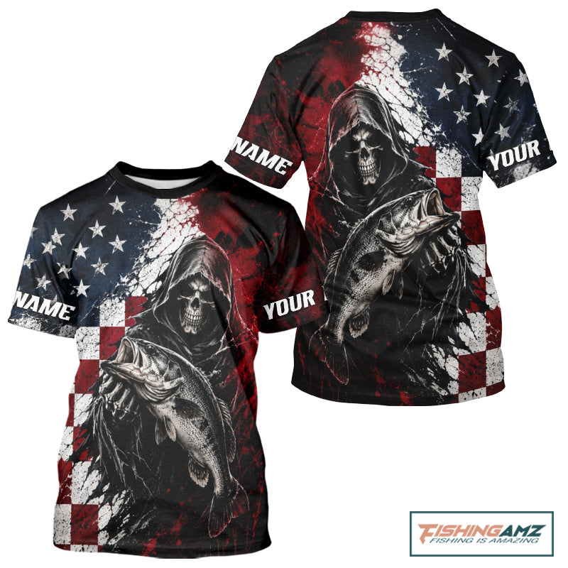 Grim Reaper Largemouth Bass Jersey – American Flag Patriotic Fisherman Fishing T-Shirt