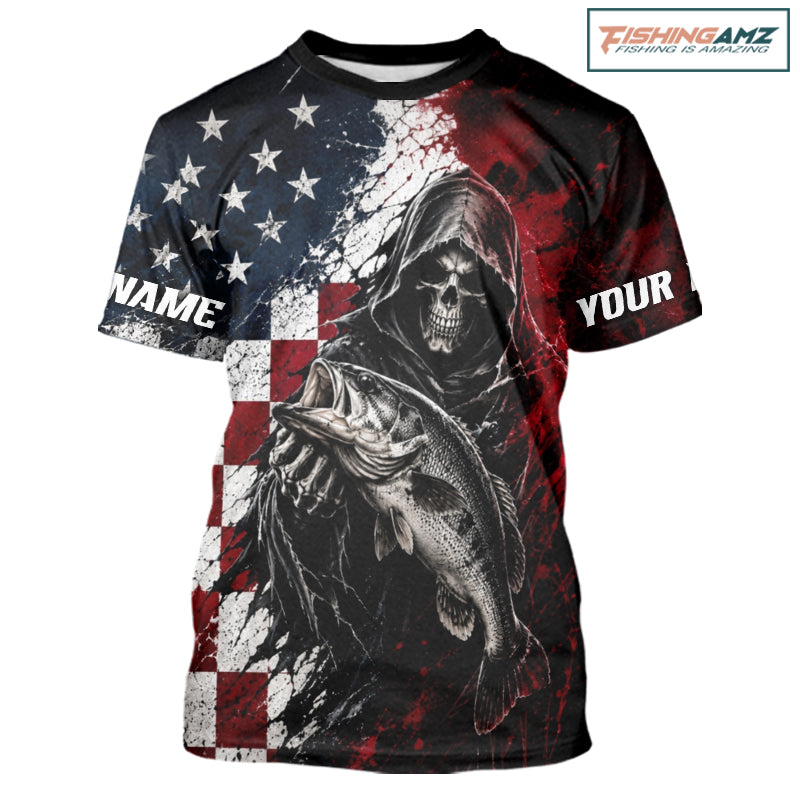 Grim Reaper Largemouth Bass Jersey – American Flag Patriotic Fisherman Fishing T-Shirt