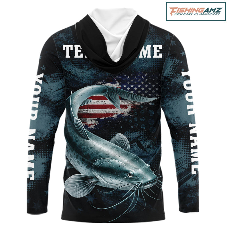 Personalized American Flag Catfish Fishing Shirts Long Sleeve Hooded, Patriotic Catfish Fishing NHT523