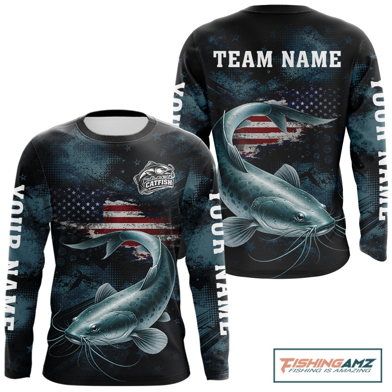 Personalized American Flag Catfish Fishing Shirts Long Sleeve, Patriotic Catfish Fishing NHT523