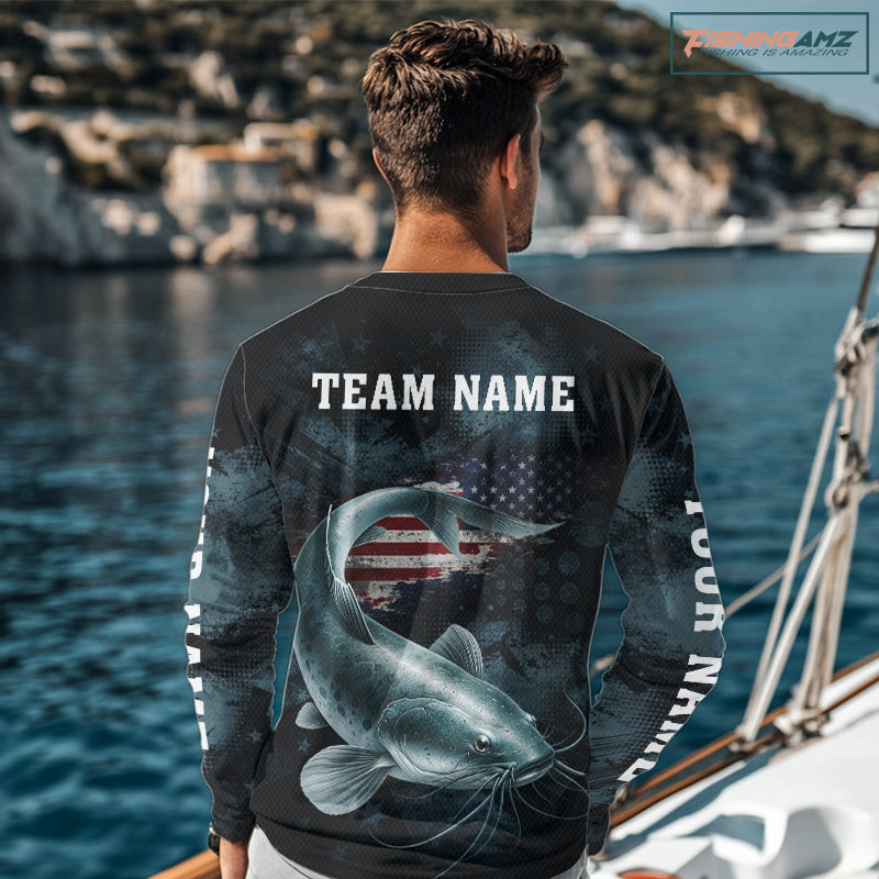 Personalized American Flag Catfish Fishing Shirts Long Sleeve, Patriotic Catfish Fishing NHT523