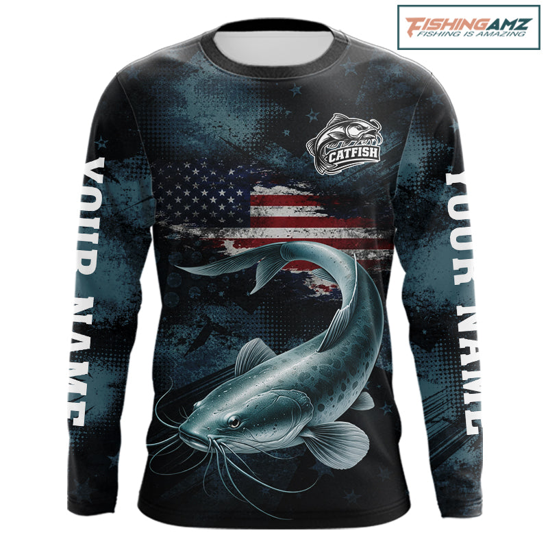 Personalized American Flag Catfish Fishing Shirts Long Sleeve, Patriotic Catfish Fishing NHT523