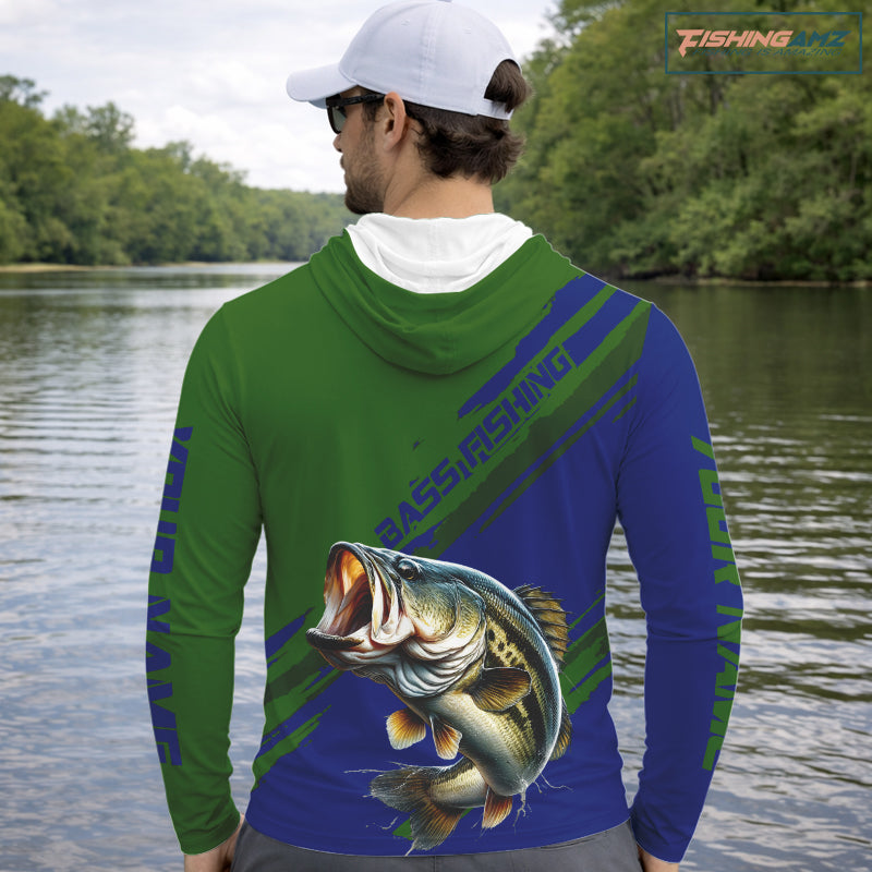 Green Blue Bass Fishing Shirt Long Sleeve Fishing Apparel For Men, Hooded Fishing Shirt For Fisher NHT873
