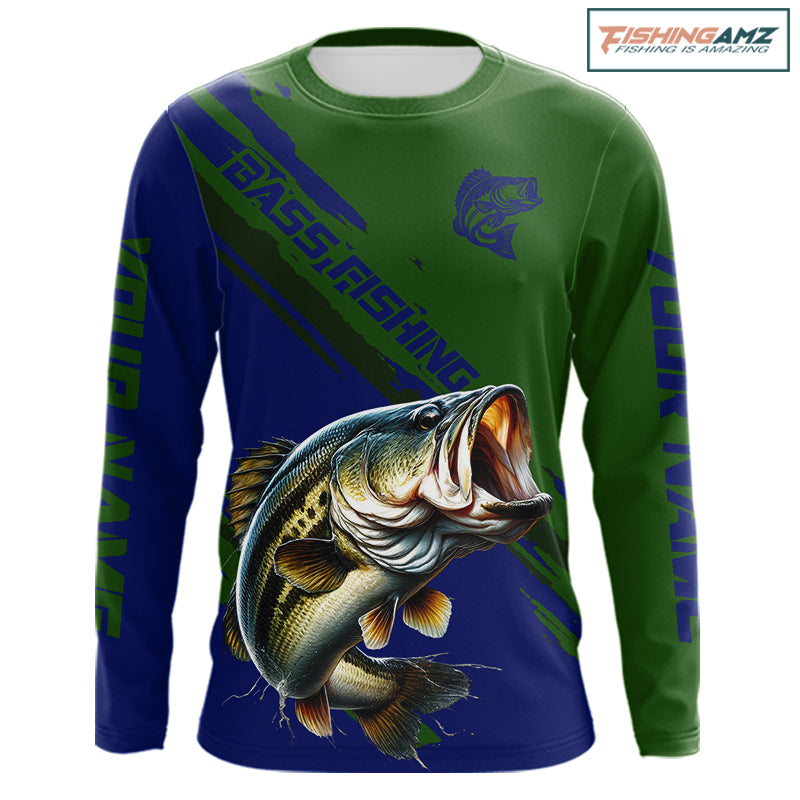 Green Blue Bass Fishing Shirt Long Sleeve Fishing Apparel For Men, Fishing Shirt For Fisher NHT873