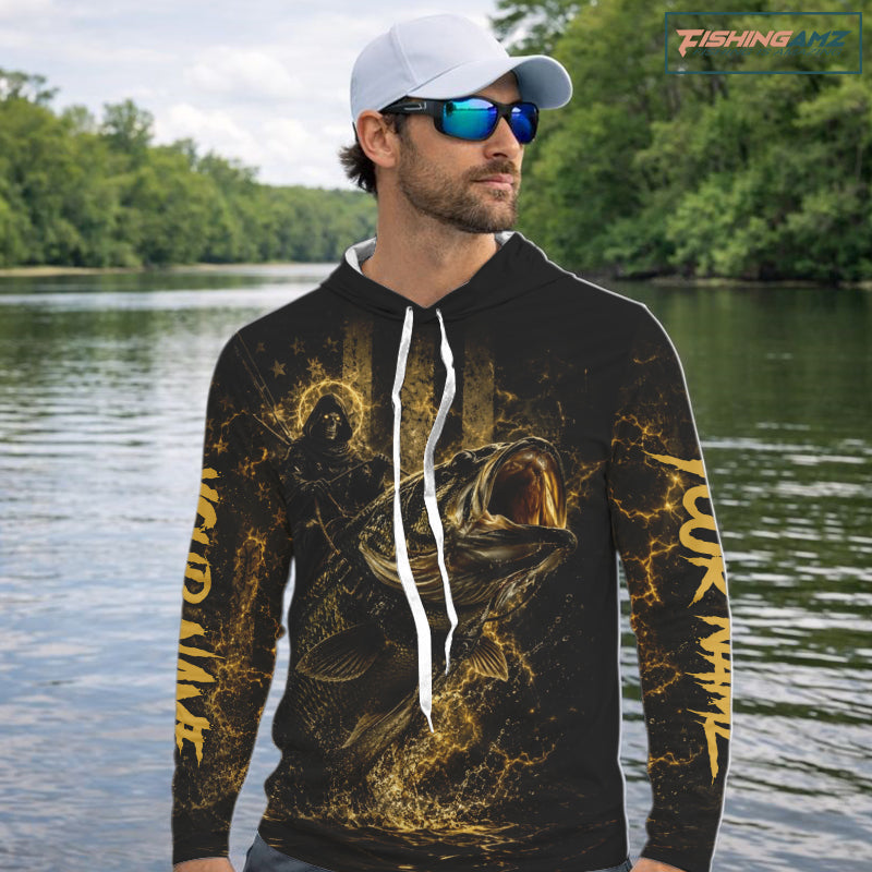 Grim Reaper Bass Fishing Jersey, Largemouth Bass Long Sleeve Hooded Performance Fishing Shirt|Yellow NHT1210