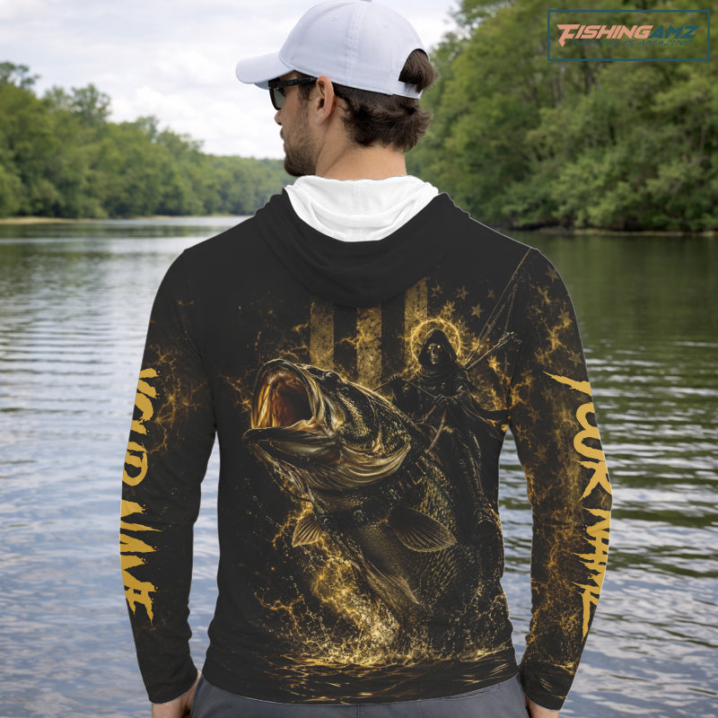 Grim Reaper Bass Fishing Jersey, Largemouth Bass Long Sleeve Hooded Performance Fishing Shirt|Yellow NHT1210