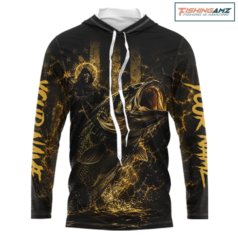Yellow Grim Reaper Bass Fishing Jersey hooded long sleeve with largemouth bass graphic and performance fit.